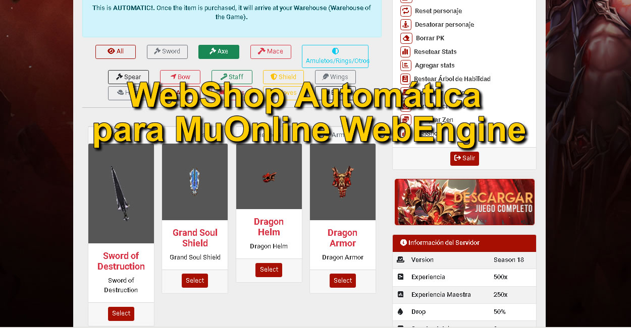 WebShop Automática para MuOnline WebEngine